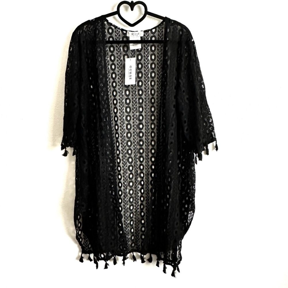 Guess Black Lace Open-Front Tassel Hemline Kimono Cardigan Coverup Size OS